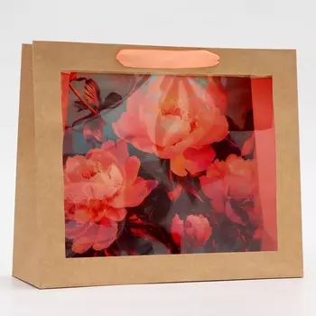 Пакет подарочный с PVC окном, «Пионы», 311126 см