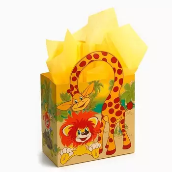 Пакет подарочный с упаковочной бумагой тишью, 22х22х12 см, Львенок и Черепаха