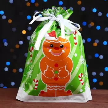 Пакет подарочный новогодний с завязками, "Пряничный человек", 24х32 см
