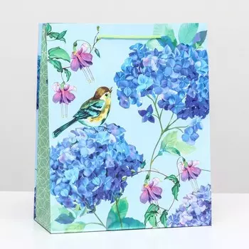 Пакет подарочный "Синица на гортензии" 26 х 32 х 12 см