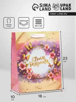 Пакет подарочный вертикальный «С днём Рождения», MS 182310 см