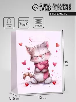 Пакет подарочный вертикальный «Сердечный котик», S 12155.5 см