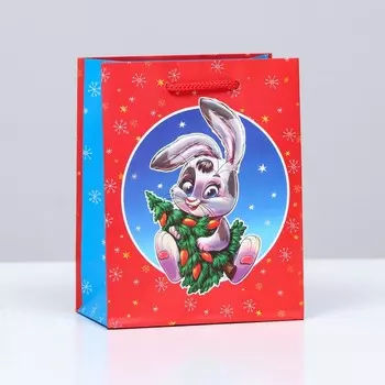 Пакет подарочный "Зайчик с ёлкой" , 11,5 х 14,5 х 6,5 см