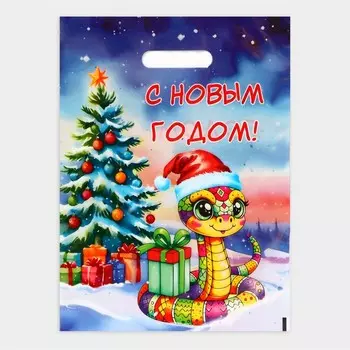 Пакет "Змея в новогодней шапке", полиэтиленовый с вырубной ручкой, 30 х 40 см.