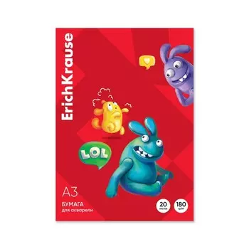 Бумага для акварели А3, 20 листов, блок 180 г/м, ErichKrause "Jolly Friends", 100% белизна, в картонной папке