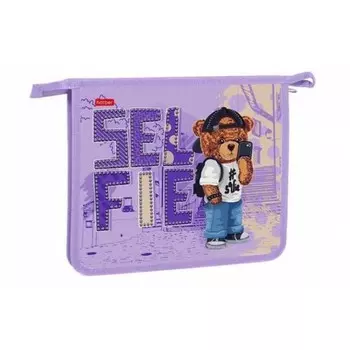 Папка для тетрадей А5 (205 х 240 мм), молния сверху, 2 отделения, пластик/текстиль, Hatber "Мишка"