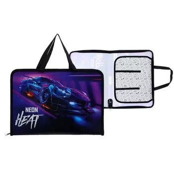 Папка для труда А4, с ручками, пластик, молния вокруг, NEON CAR