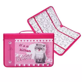 Папка для труда А4 с ручкой, молния вокруг, текстиль/ламинированный картон, 340 х 235 мм, "Котик"