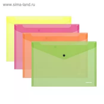 Папка-конверт на кнопке А4, 140 мкм, ErichKrause Fizzy Neon, полупрозрачная, микс
