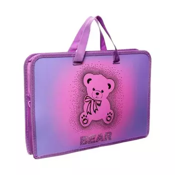 Папка с ручками А4, 340 х 245 х 40 мм, пластиковая, ручки-тесьма, 3-D рисунок с фольгой, ПТ-14-12 "Мишка с бантом"