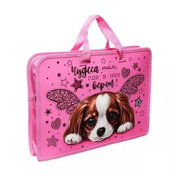 Папка с ручками А4, 340 х 245 х 40 мм, пластиковая, ручки-тесьма, 3-D рисунок с фольгой, ПТ-14-12 Чудесная собачка