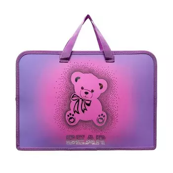 Папка с ручками А4, 340 х 245 х 75 мм, пластиковая, ручки-тесьма, ПТ-14-4-12 "Мишка с бантом" (объемный 3D-рисунок с эффектом металлика) 71215