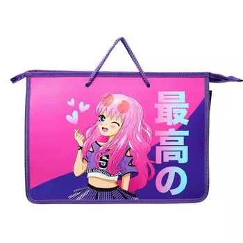 Папка с ручками А4, 340 х 245 х 75 мм, пластиковая, ручки-шнурок, Оникс "Аниме Тянка"