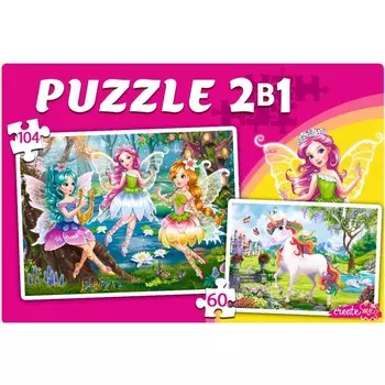 Пазл 2 в 1 «Единороги и феи», 60 + 104 элемента