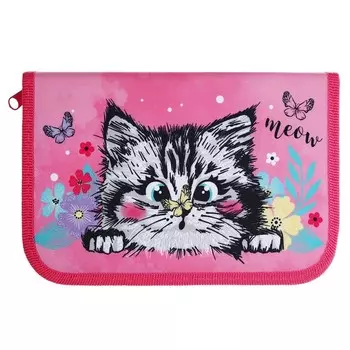 Пенал 1 секция, 135 х 212 х 26 мм, текстильный, ПКТ 04-20 МАХ, "Котёнок в цветочках" 70640