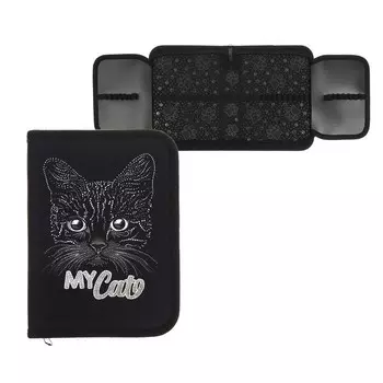 Пенал 1 секция, 140 х 200 х 40 мм, 2 откидные планки, текстильный, ПКТ 09-22-19 "Мой котик" (рисунок с эффектом металлика) 72205