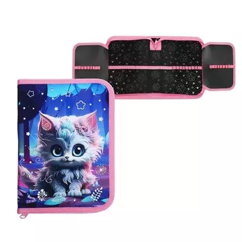 Пенал 1 секция, 140 х 200 х 40 мм, 2 откидные планки, текстильный, ПКТ 09-22-19 "Кошечка фэнтези" (рисунок с эффектом металлика) 72207