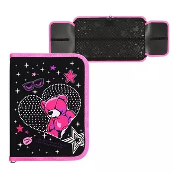 Пенал 1 секция, 140 х 200 х 40 мм, 2 откидные планки, текстильный, ПКТ 09-22-19 "Яркий мишка" (рисунок с 3D эффектом лака) 72203