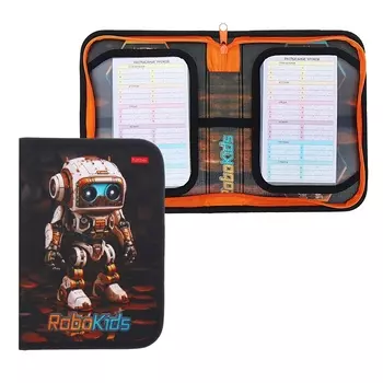 Пенал 1 секция, 140 х 200 х 40 мм, 2 откидные планки, тканевый, Hatber "Робо" чёрный/оранжевый NPk_74287