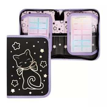 Пенал 1 секция, 140 х 200 х 40 мм, 2 откидные планки, тканевый, Hatber "Звездный котик" (3D рисунок с эффектом металлика)