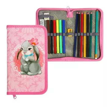 Пенал 1 секция Calligrata, 115 х 205 мм, с наполнением, 16 предметов, ламинированный картон, "Зайчонок"