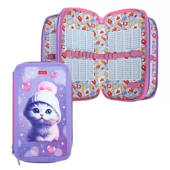 Пенал 3 секции, 110 х 190 мм, Hatber "Котенок в шапочке", ламинированный картон, сиреневый