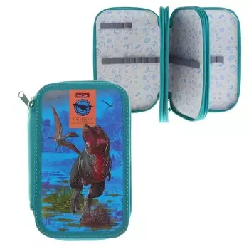 Пенал 3 секции, 110 х 190 мм, Hatber, "Динозавры!" (объемный 3D-рисунок с эффектом металлика)