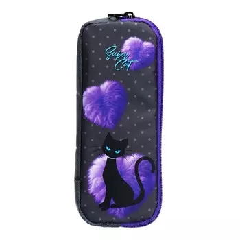 Пенал мягкий, 2 отделения, объёмный, 90 х 220 х 40 мм, Stavia "Черная кошка" серый 86244