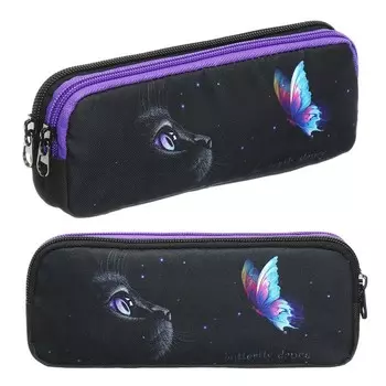 Пенал мягкий, 2 отделения, объёмный, 90 х 220 х 40 мм, Stavia "Кошка с бабочкой" чёрный 86221