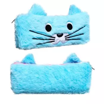 Пенал школьный на молнии Calligrata «Котик», меховой, пушистый, с ушками, голубой