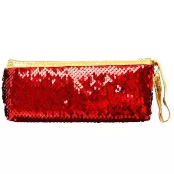 Пенал школьный "Пайетки" на молнии с ручкой, двухцветный, красный/золотистый