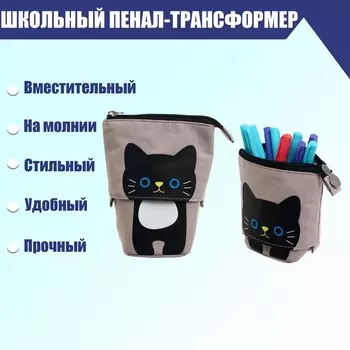 Пенал-трансформер школьный на молнии "Котик", чёрный