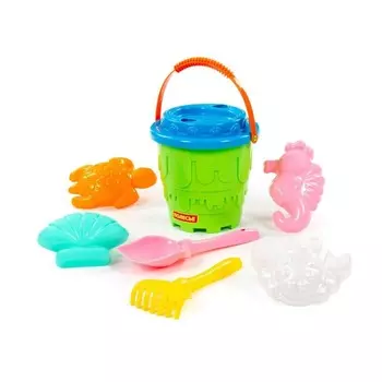 Песочный набор №532: ведро-замок, ситечко-замок, лопатка, грабельки, 4 формочки