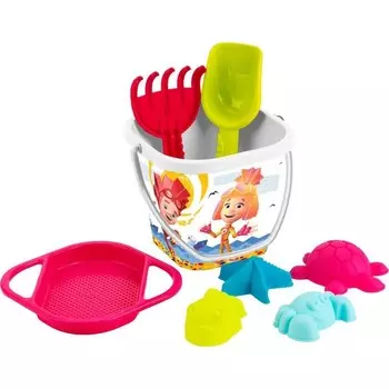 Песочный набор «Фиксики» ведерко, ситечко, совочек, грабельки, 4 формы