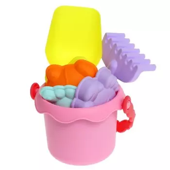 Песочный набор «Летний»: ведро, лопатка ,грабли, 4 формочки, в сетке