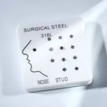 Пирсинг в нос «Кубик и стразинка», набор 12 шт., L=9 мм, цвет МИКС в серебре