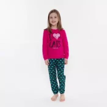 Пижама для девочки, цвет фуксия/кошки, рост 116 см