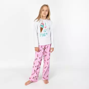 Пижама для девочки: лонгслив и брюки «Симпл-димпл», рост 146 см, цвет белый, розовый