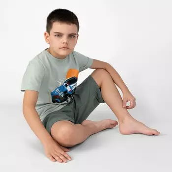 Пижама для мальчика: футболка и шорты «Симпл-димпл», рост 134 см, цвет серый, серо-зелёный