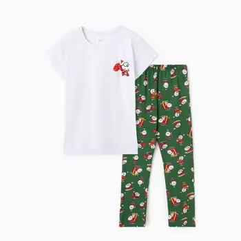 Пижама женская (футболка/брюки) "Дед мороз на мопеде", цвет белый/зелёный, размер 46