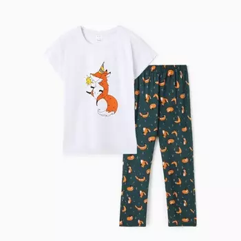 Пижама женская (футболка/брюки) "Лисёнок с бенгальским огнём", цвет белый/зелёный, размер 46