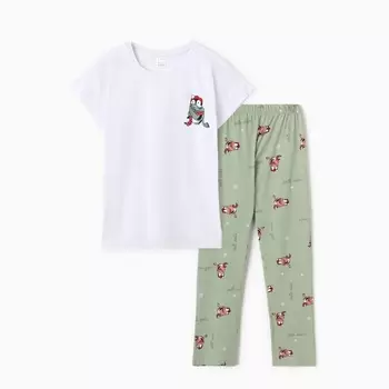 Пижама женская (футболка/брюки) "Пингвин в шарфе", цвет белый/зелёный, размер 46