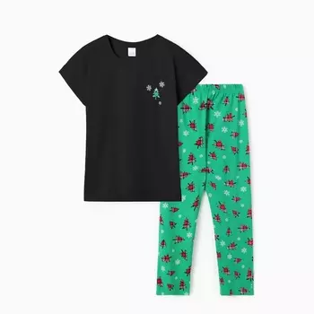 Пижама женская (футболка/брюки) "Снежинки+Ёлка", цвет чёрный/зелёный, размер 52