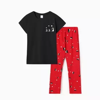 Пижама женская (футболка/брюки) "Три пингвина", цвет чёрный/красный, размер 50