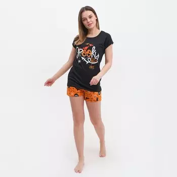 Пижамный комплект женский (футболка, шорты), цвет оранжевый/хэллоуин, размер 44