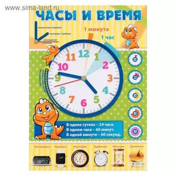 Плакат "Часы и время" динозаврик, А2