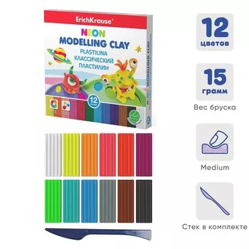 Пластилин 12 цвета, 180 г, ErichKrause Monsters, неоновый, улучшенная формула, со стеком, в картонной упаковке