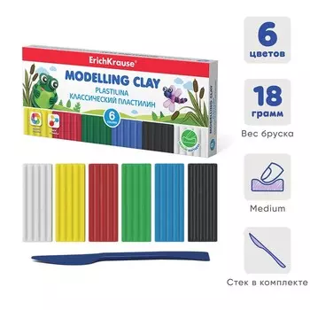 Пластилин 6 цвета, 108 г, ErichKrause, со стеком, в картонной упаковке