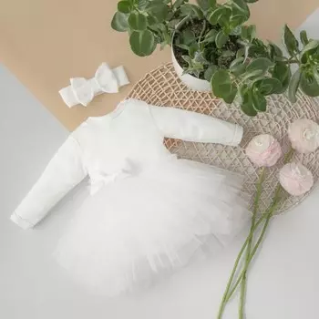 Платье-боди для девочки KinDerLitto «Трио», с повязкой на голову, рост 62-68 см, цвет молочный