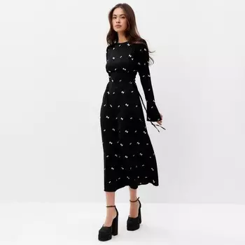 Платье с завязками на талии миди женское MIST Flower, размер 44, чёрное